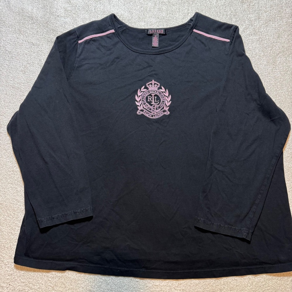 Lauren Ralph Lauren Women 3X Black Pink Crest Long Sleeve Shirt Plus Size LRL